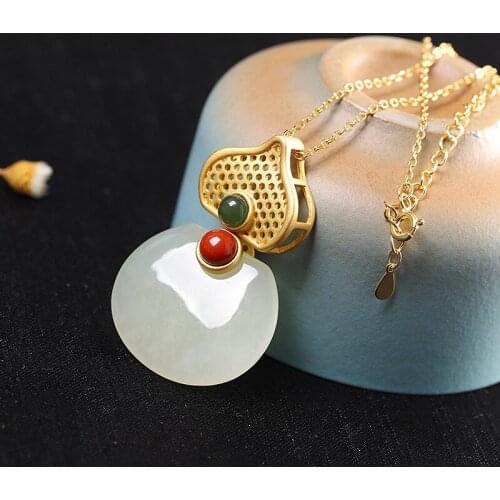 S925 Sterling Silver Ornament Gold-Plated Gourd Hetian Jade Womens Necklace
