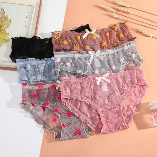 Women Sexy Lace Lingerie Temptation Low-waist Panties Love Pattern Underpants Female Transparent Hollow Out Briefs Underwear