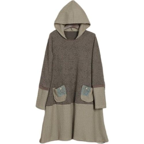 Japanese Mori Girl Bohemian Vintage Retro Boho Loose Thick Knitted Hoodie Patchwork Embroidery Crochet Dress Women Autumn Dress