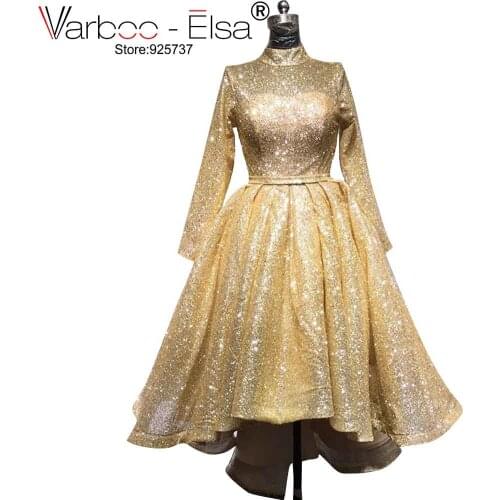 VARBOO_ELSA Custom Made Sexy Gold Glitter High Neck Prom Dresses Elegant A Line Asymmetrical Long Dress For Evening Party Dress