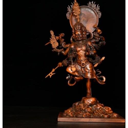 12" China Lucky Seikos Boxwood Three Heads Six arms Mahakala Statue Six Armed Black Mahakala Gonpo Shiva Hand Holding Instrument