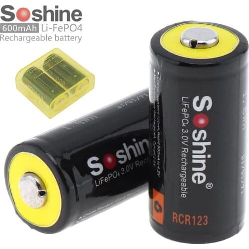 2pcs Soshine 3V 600mAh 16340 RCR123 LiFePO4 Rechargeable Battery with Protected PCB for LED Flashlights Headlamps