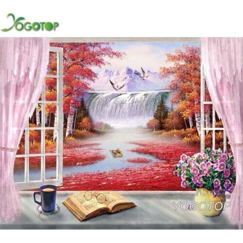 5d diy Diamond Painting Autumn red Tree Window Landscape full Square diamond embroidery mosaic waterfall home Decoration YY1404