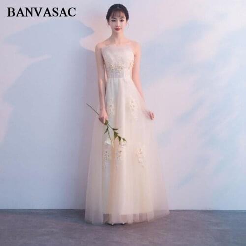 BANVASAC 2018 Strapless Lace Appliques A Line Tulle Long Evening Dresses Party Crystal Flowers Backless Prom Gowns