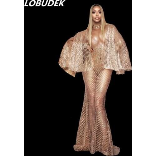 Shining Sequins White Mesh See-through Dress Women Singer Dancer Host Evening Performance Outfit Sexy Perspective Long Dress
