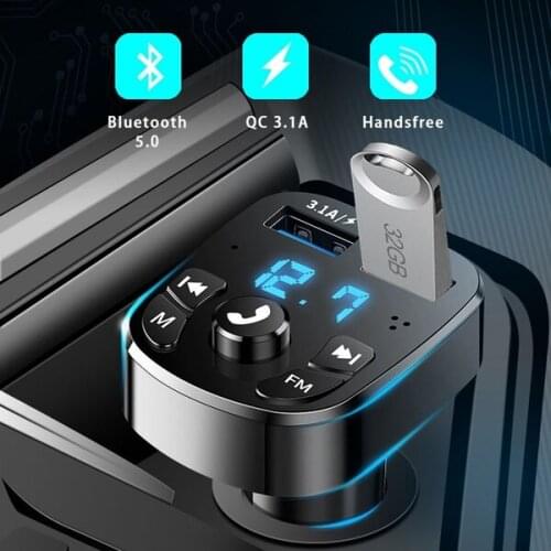 Bluetooth Version 5.0 FM Transmitter Car Player Kit Card Car Charger Quick with QC3.0 Dual USB Voltmeter & AUX IN/OUT DC 12/24V
