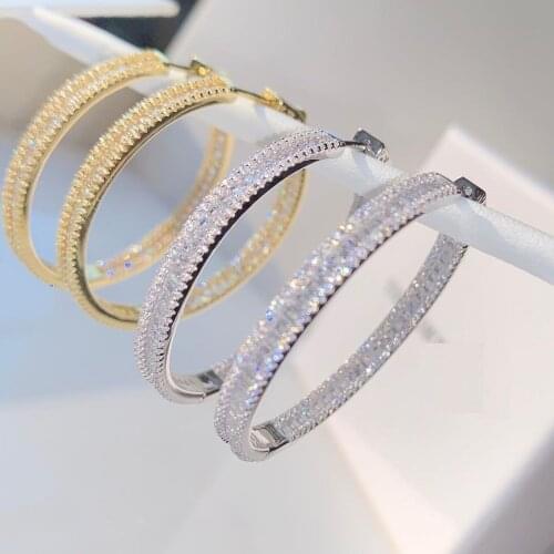 New European Big Hoop Earrings 45mm Paved Sparking 5A Rectangle and Round Cubic Zirconia CZ Jewelry Gold Silver Color Earring