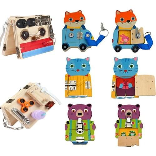 Wooden Montessori Educational Fox Kitten UnLock Busy Board for Toddlers Travel Toy Fine Motor Skills Activity Buckle Lock Toys