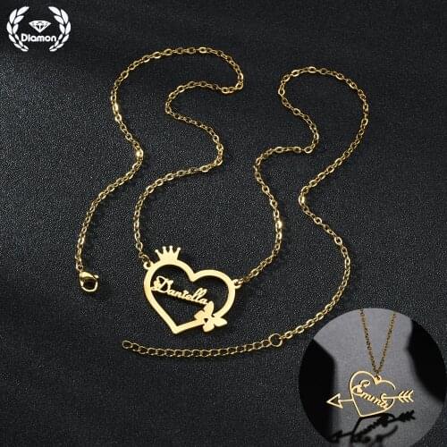 Diamon Personalized Necklaces for Women Custom Name Letters Nameplate Heart Pendant Gold Stainless Steel Necklace Jewelry Gift