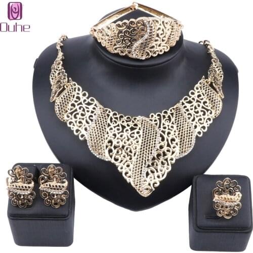 Dubai gold color jewelry sets for women wedding gifts African Engagement Crystal necklace ring earrings bangle Nigeria jewellery