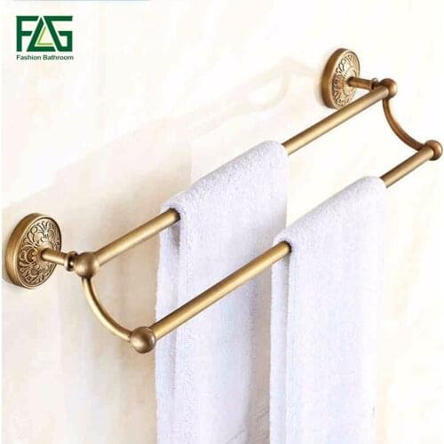 FLG Hot Sale Wholesale And Retail Promotion Antique Brass Luxury Bathroom Flower Carved Towel Rack Holder Dual Towel Bars