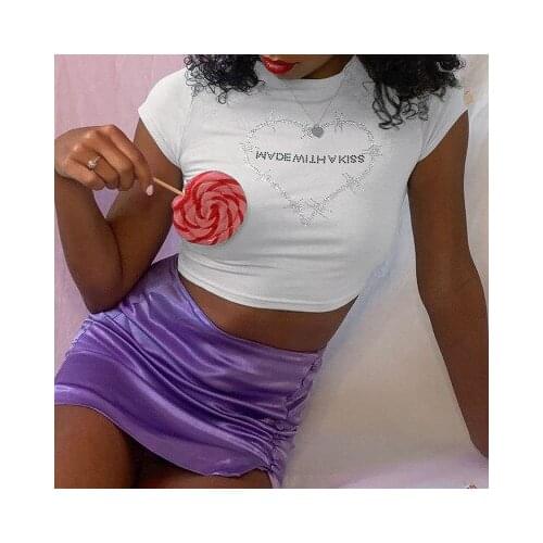 Summer Ladies O Neck Cotton Blend Love Hot Rhinestone Slim Navel Basic Short Sleeve T-shirt Casual Active Streetwear Crop Top