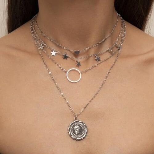 Multi-Layer Necklace for Women 2021 Fashion Gold Heart Star Coins Pendant Necklace Choker Statement Lady Jewelry Party Bijoux