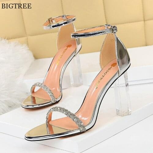 2021 Summer Fashion Design Crystal Women Sandals Flock/Patent Leather Transparent Thick Heel Ladies Office Open Toe Buckle Shoes