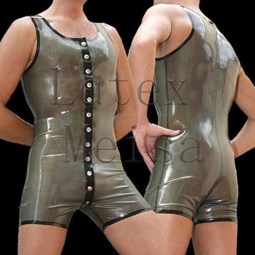 Sleeveless latex catsuit rubber leotard main in transparent with black trim color for men