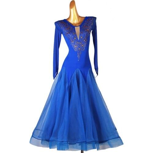 New Modern Ballroom Dance Competition Dress Female Adult Long Sleeve Big Swing Rhinestone Waltz Dance Stage Costumes DQL5621