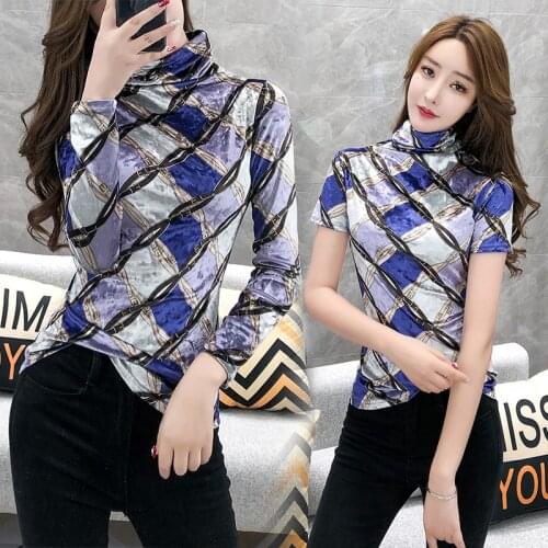 Autumn Turtleneck Pullover Velvet Tops Long Sleeve Women T Shirt Winter Bottoming Shirt Plaid Print Streetwear Female T-Shirts