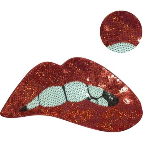 Sequins Red Lip Patches Sew iron on Appliques Clothes Embroidered DIY Motif Applique