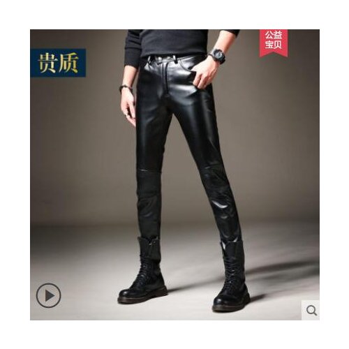 Plus velvet thick elastic leather pants mens feet pants fashion motorcycle pu trousers for men personality pantalon homme black