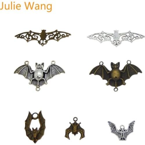 Julie Wang 7PCS Bats Charms Zinc Alloy Animal Mixed Antique Colors Halloween Bats Pendant Jewelry Making Accessories