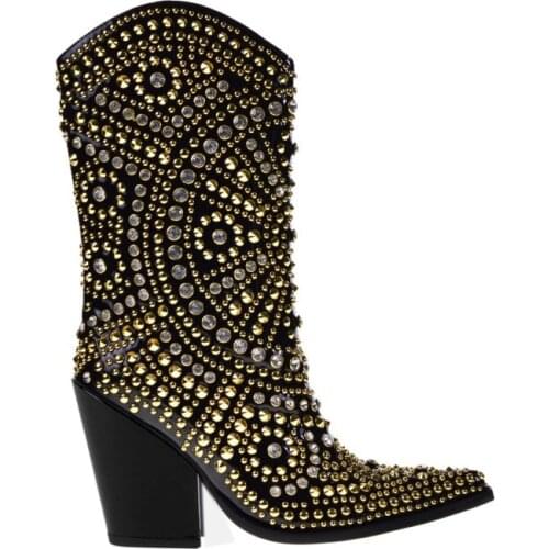 Roman Style Ladies Bling Bling Crystal Rivets Studs Martin Boots Pointed Toe Chunky Heel Metal Studded Middle Runway Boots Shoes
