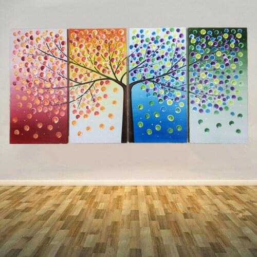 Hand Painted Modern Abstract Oil Painting on Canvas 4pcs Colorful Tree Canvas Painting Wall Art Picture Painting for Living Room