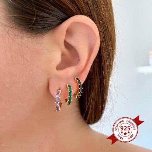 925 Sterling Silver Black/Green/Purple/White Crystal Huggies Hoops Earrings for Women Charming CZ Earrings Thin Hoops Jewelry