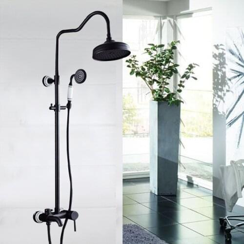 Shower Faucets Black Brass Wall Mounted Bathtub Faucet 8" Round Rain Shower Head Hand Bathroom Mixer Valve Rainfall Sets VH0001