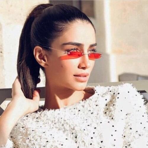 Ladies Small Narrow Sunglasses Vintage Rimless Rectangle Sunglasses Womens Mens Red Pink Purple Shades Metal Frame Clear Eyewear