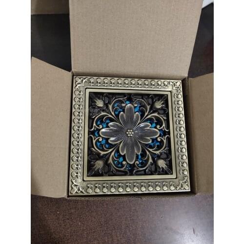 Shower Drains 12*12cm Square Bath Drains Strainer Hair Antique Brass Art Carved Bathroom Floor Drain Waste Grate Drain H