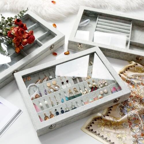 High-end Jewelry Storage Box Makeup Necklace Box Earring Jewelry Display Storage Box Velvet Earrings Glass Ring Box with Lid