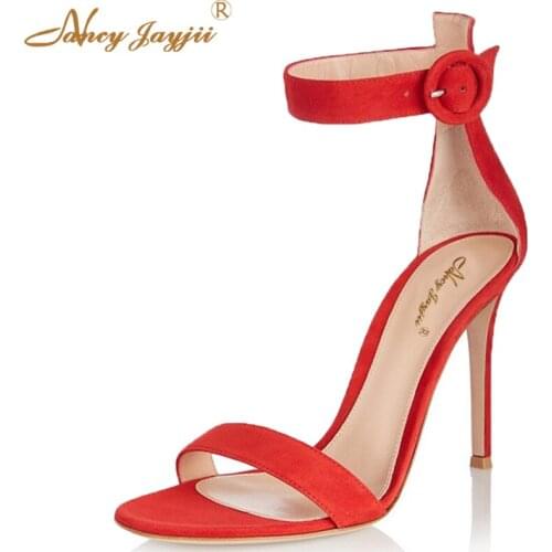 Fashion Red Suede Summer Women Shoes Open Toe Button Decorated Buckle Strap Sexy High Heels Sandals Shoes Size 4-16 Nancyjayjii