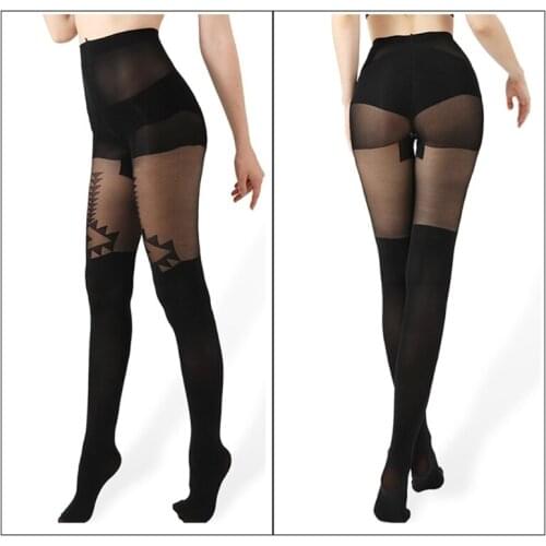 Women Autumn High Waist 280D Thick Silky Stockings Control Top Vintage Jacquard Pattern Tights Sexy Fake Stockings Tattoo