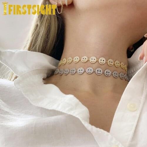 2021 New Smile Face Choker Crystal 5A CZ Gold Silver Color Smile Charm Link Chain Necklace For Women Fine Jewelry