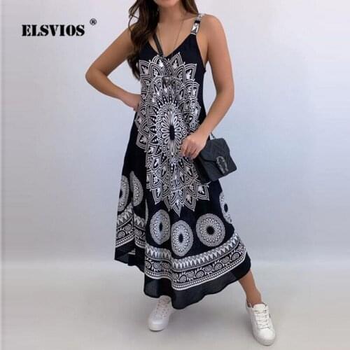 Totem Print Sexy Slim V-Neck Halter Sling Long Dress Summer Casual High Waist Sleeveless A-Line Sundress Women Loose Streetwear
