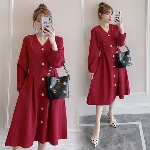 8351# Maternity Clothes Spring Autumn Long Sleeve V Neck Stylish Dress for Pregnant Women Pregnancy Clothes