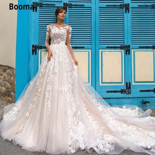 Booma 2020 Light Pink Luxury Wedding Dresses with Long Sleeve Lace Appliques Flowers A-line Wedding Gowns Cathedral/Royal Train