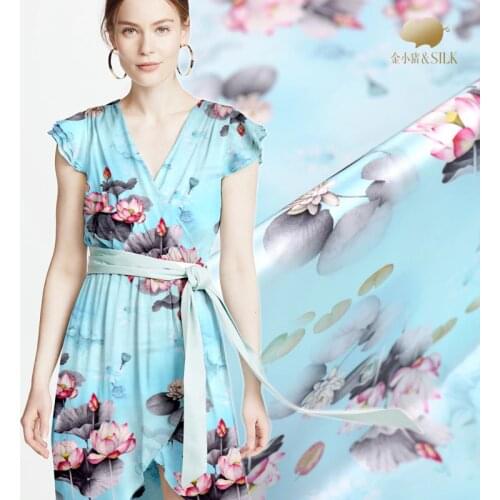 Digital inkjet lotus silk fabric satin 19mm soft cheongsam garment silk stretch satin fabric wholesale silk cloth 108cm