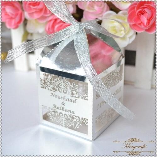 Cheap laser cut metallic silver paper wedding favors gift boxes
