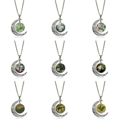 EJ Glaze Glass Cabochon Pendant Necklace Fashion Necklace For Girls Gifts Pink Roses Van Gogh Art