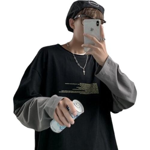 Two-piece long-sleeved T-shirt mens tide brand loose trend wild autumn shirt ins Harajuku Hong Kong wind round neck sweater