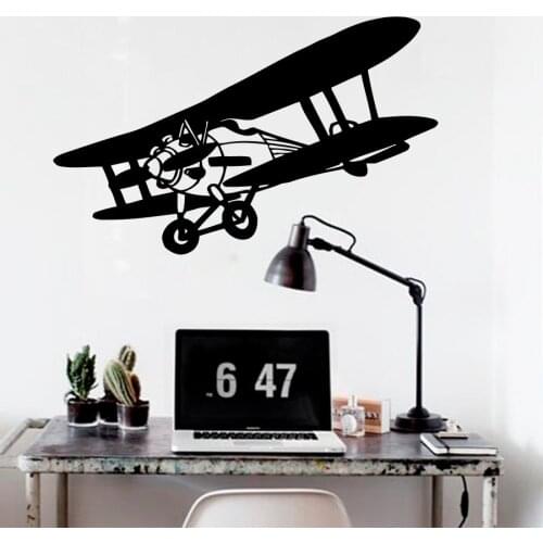 Art Vinyl Sticker Biplane Airplane Sky Flight Baby Boys Design Wall Sticker Living Room Art Plane Murals DIY Home Decor W-68