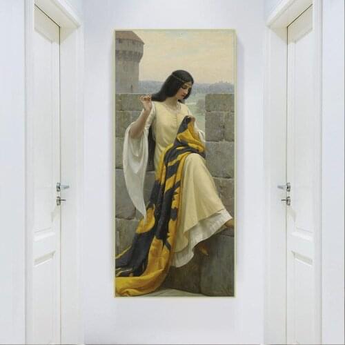 Citon Canvas Art Oil Painting Edmund Leighton《Stitching the Standard》Artwork Poster Picture Wall Decor Modern Home Decoration