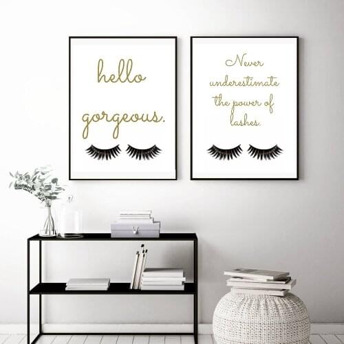 Canvas Painting Posters And Prints Makeup Lash Golden Hello Gorgeous Quote Eyelash Abstract Wall Art Pictures Home Decoration