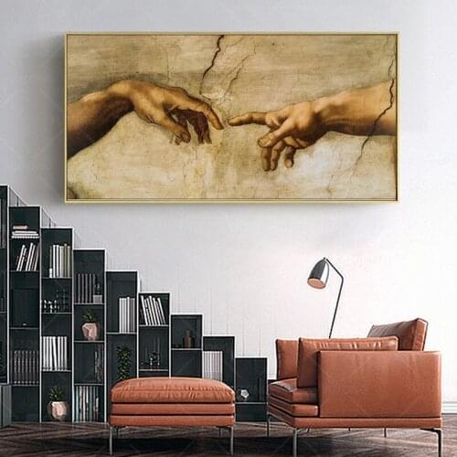 The Creation Of Adam by Michelangelo Famous Canvas Painting Hand to Hand Posters And Prints Cuadros Wall Art Pictures Home Decor