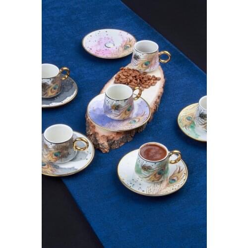 Coffee cup Turkish coffee 6lı Porcelain Coffee Cup Pad peacock pattern 90 cc souvenir kitchen high quality