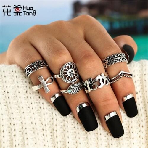 HuaTang Antique Silver Color Sun Feather Flower Ring Punk Sets Rings Steampunk Carved Knuckle Anillos Anel Rings For Women 4621