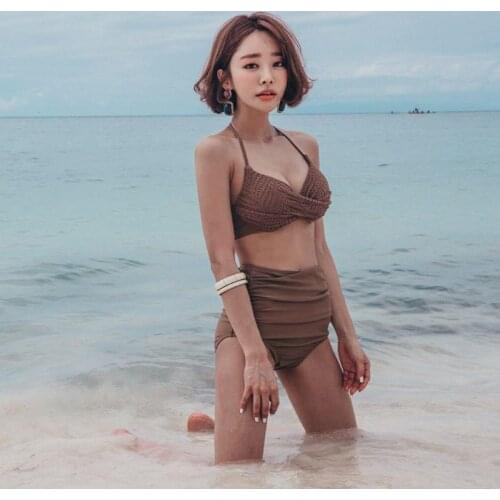 2021 New Korean High Waist Bikini Swimsuit Female Swimwear Push Up Bikini Set Bather Bathing Suit Summer Beach Swimming Wear