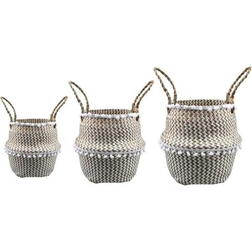 3pcs 3size Handmade Storage Baskets Foldable Clothes Laundry Basket Straw Rattan Seagrass Belly Garden Flower Pot Plant Basket