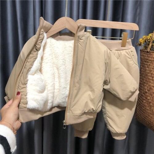 Boys Girls Autumn and Winter Suit 2021 New Childrens Baby Plus Velvet Thickening Warm Two-piece Suit Korea Style Clothes
